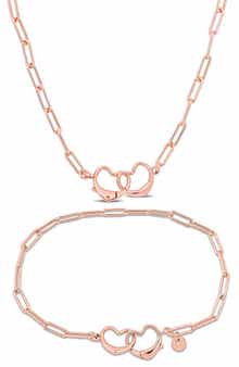 Double Heart Paper Clip Link Chain Necklace & Bracelet Set