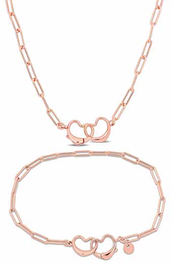 Double Heart Paper Clip Link Chain Necklace & Bracelet Set
