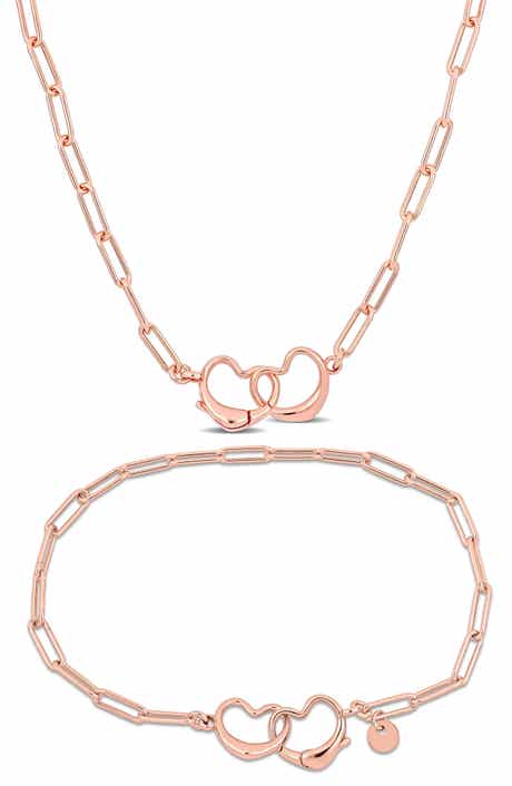 DELMAR Double Heart Paper Clip Link Chain Necklace & Bracelet Set