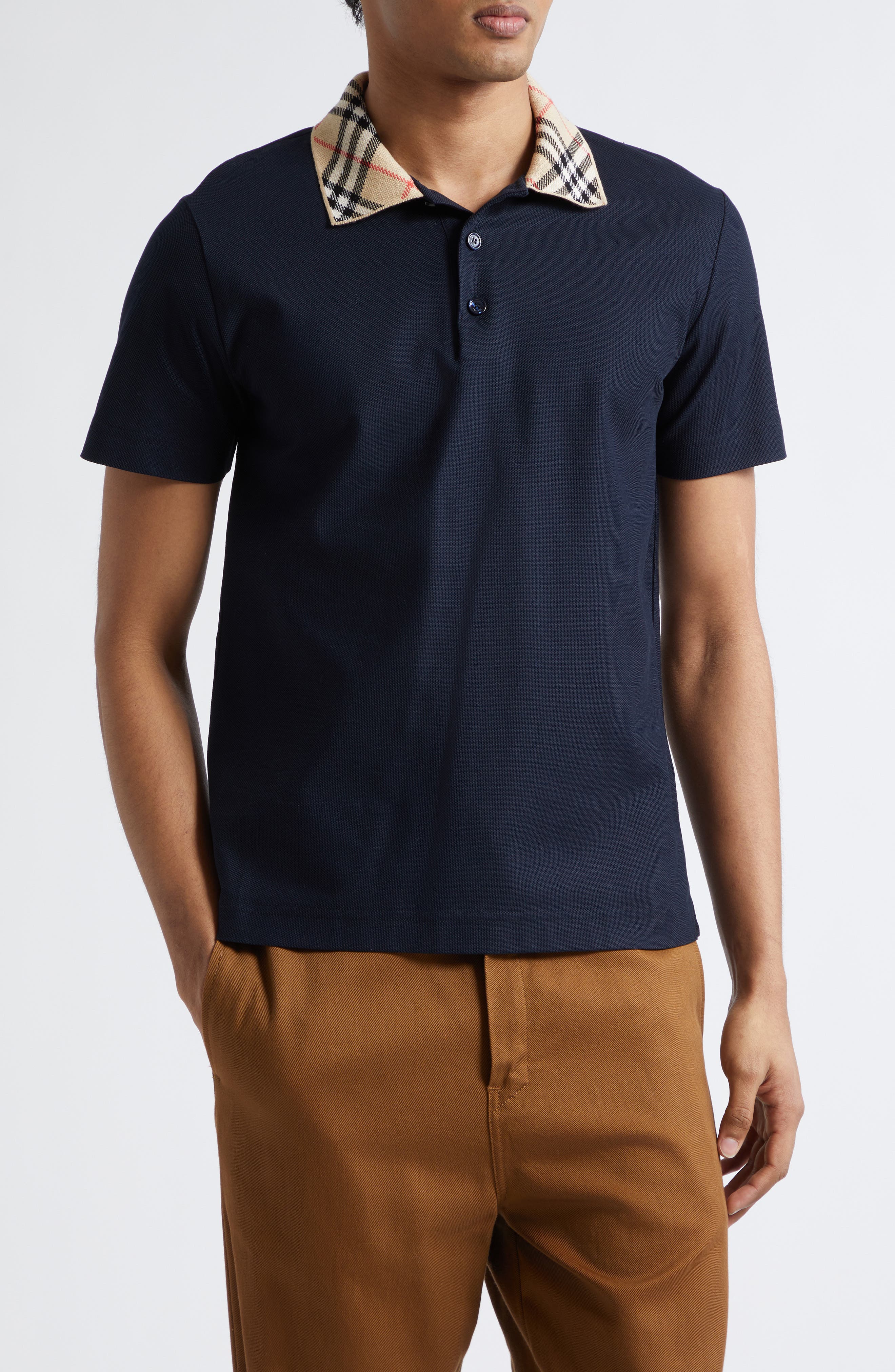 Evan Check Collar Cotton Pique Polo