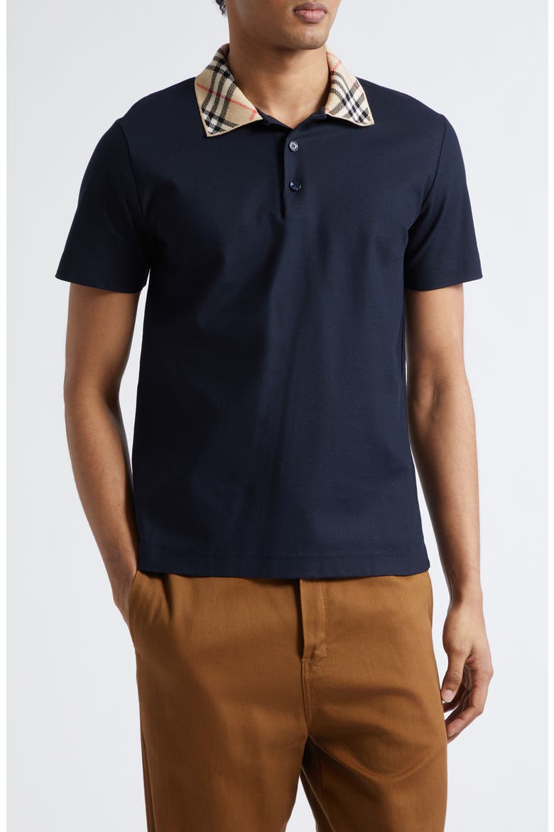 Evan Check Collar Cotton Piqué Polo, Main, color, SMOKED NAVY