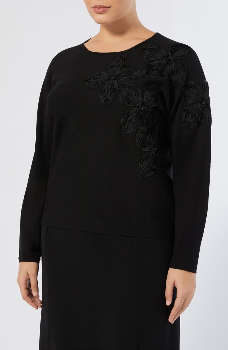 Marina Rinaldi Ravello Floral Embroidered Sweater, Main, color, Black