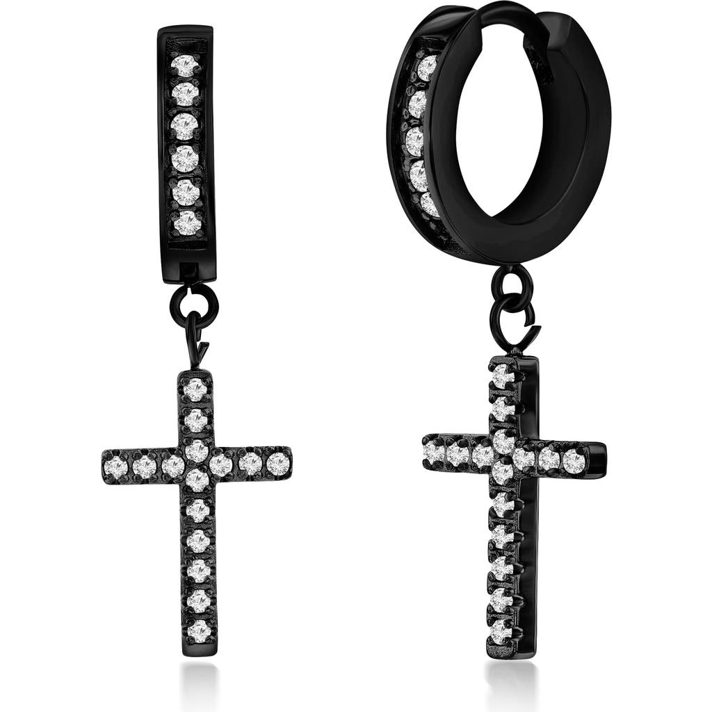 Blackjack Cross Cz Huggie Hoop Earrings In Black