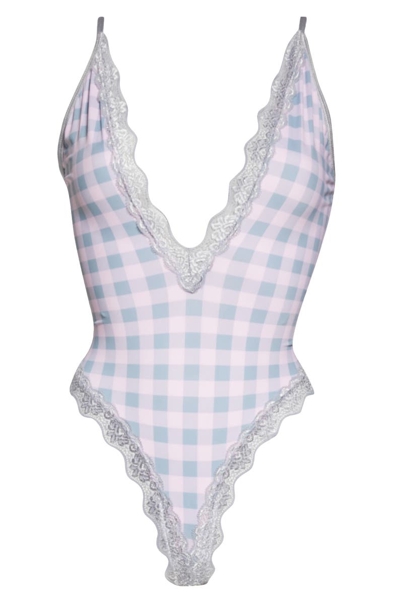 Coquette Strappy Back Gingham Teddy, Main, color, Pink