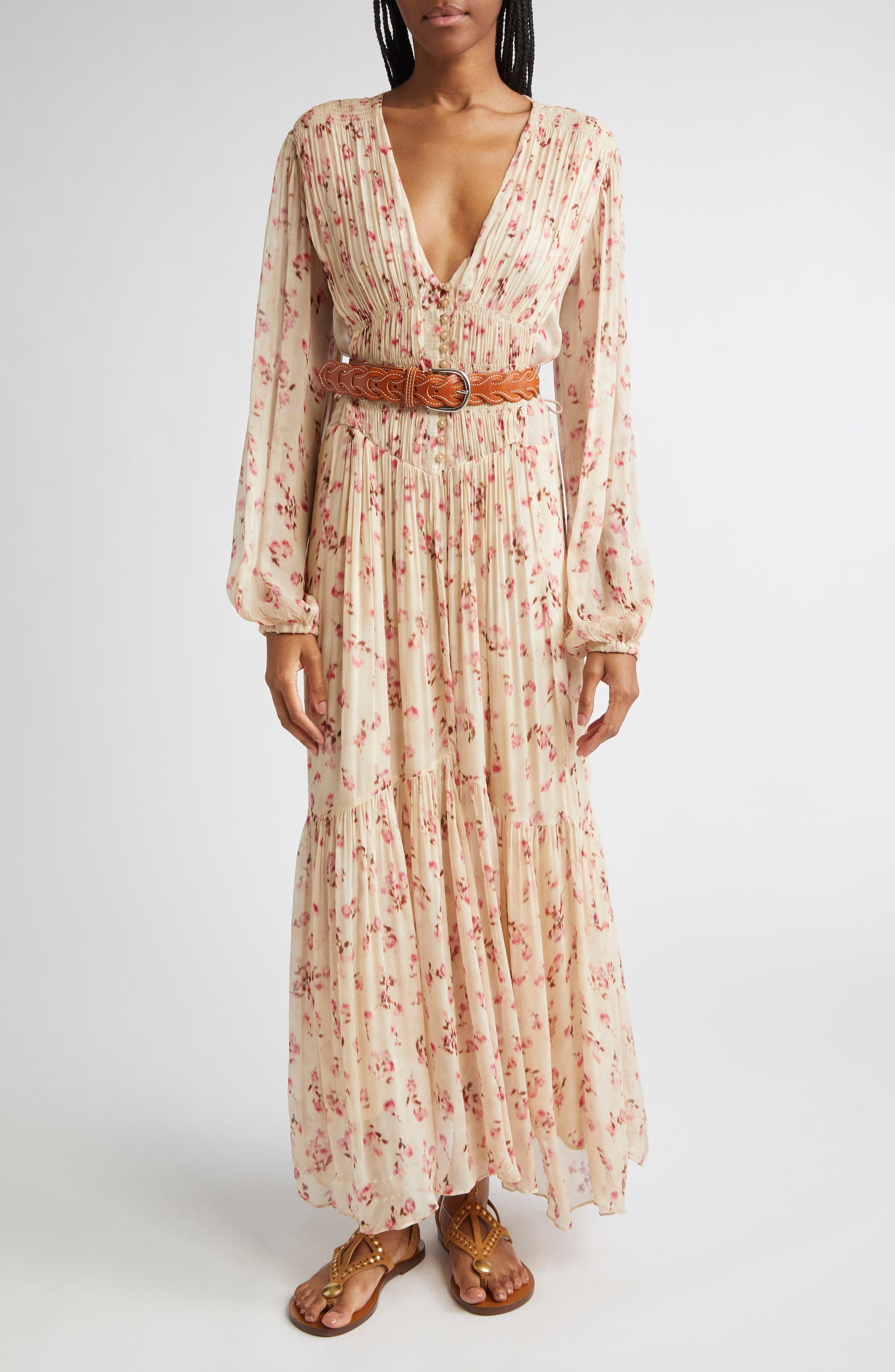 Briane Floral Plunge Neck Tie Waist Maxi Dress