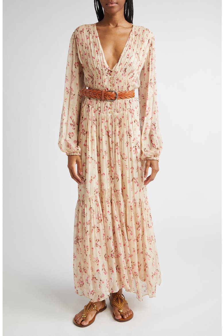 Briane Floral Plunge Neck Tie Waist Maxi Dress, Main, color, BEIGE