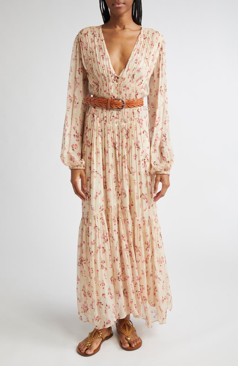 Isabel Marant Étoile Briane Floral Plunge Neck Tie Waist Maxi Dress, Main, color, Beige