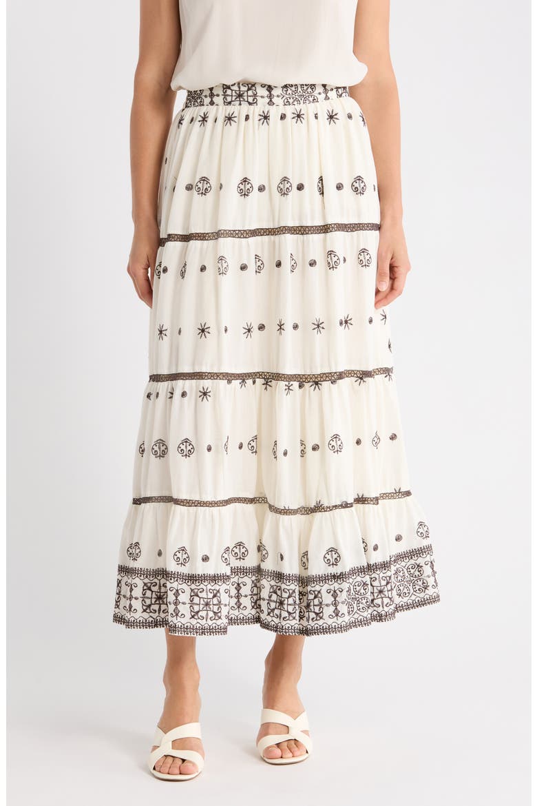 Embroidered Tiered Cotton Skirt, Main, color, IVORY/ GANACHE