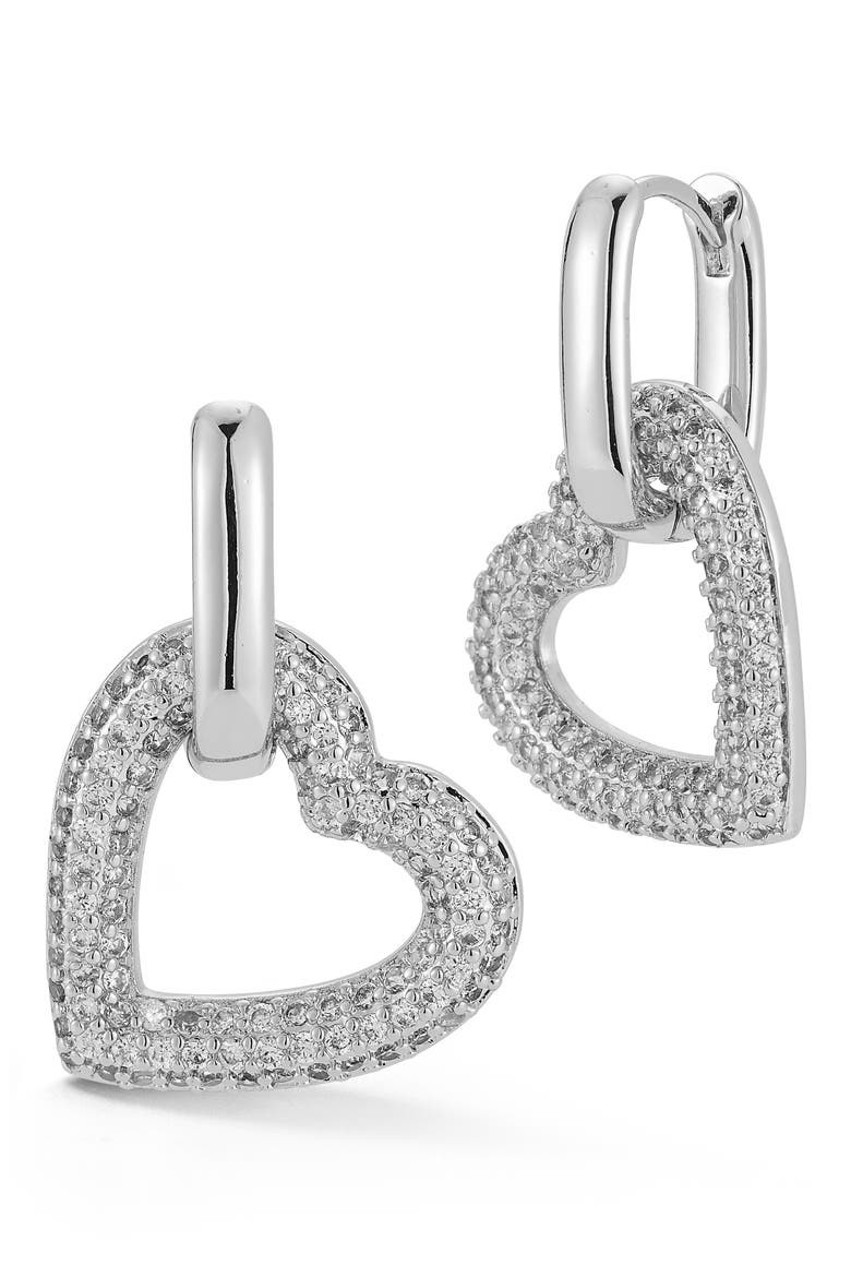 Heart Cubic Zirconia Pavé Drop Hoop Earrings, Main, color, SILVER