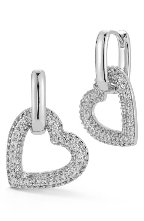 Heart Cubic Zirconia Pavé Drop Hoop Earrings
