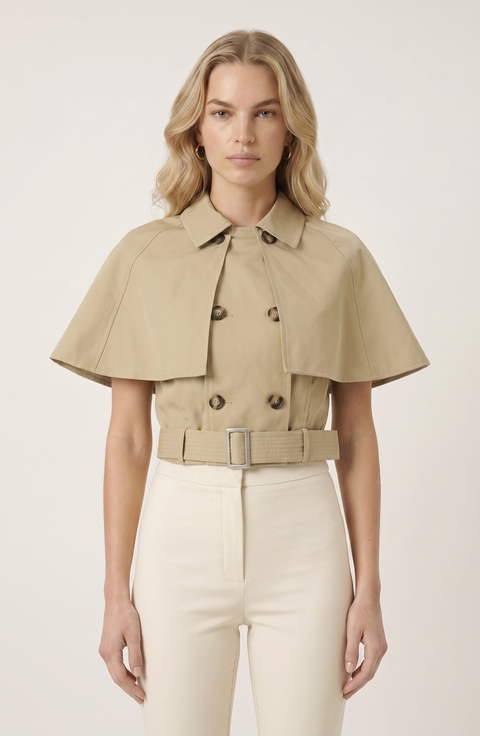 Convertible Cape Trench Vest with Double Breasted Front and Belt