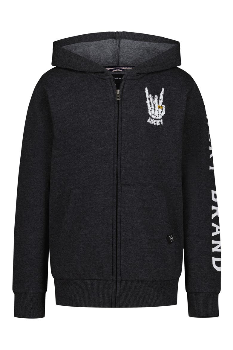 Kids' Skelly Hand Graphic Full Zip Hoodie, Main, color, BLACK HTHR