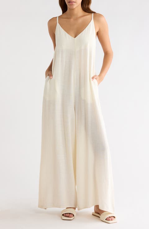 Wide Leg Cotton & Linen Blend Cover-Up Jumpsuit