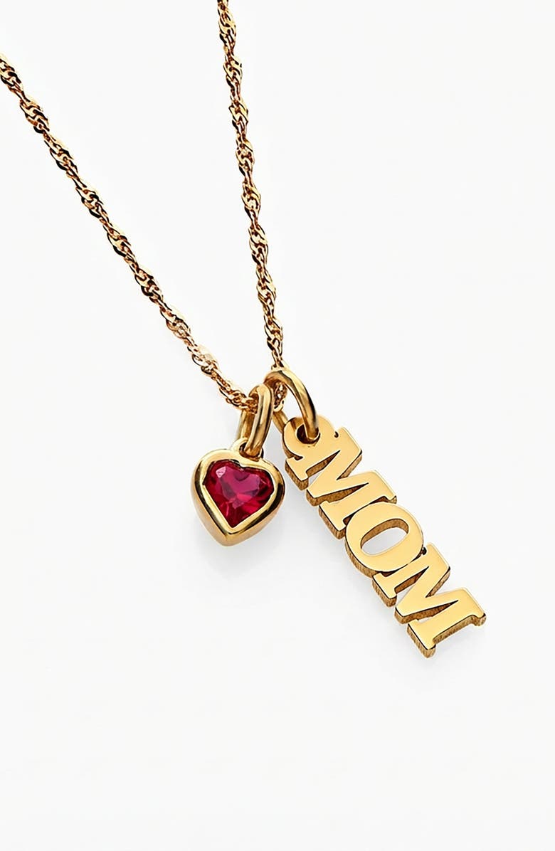 Oak & Luna Singapore Chain "Mom" Necklace With Heart Shaped Ruby Gemstone, Main, color, Gold Vermiel