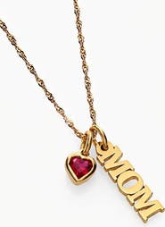 Oak & Luna Singapore Chain "Mom" Necklace With Heart Shaped Ruby Gemstone