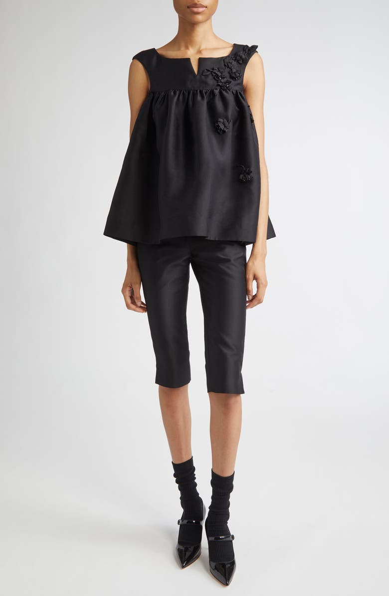 Shushu/Tong Fluffy Notched Floral Appliqué Satin Babydoll Top, Alternate, color, Black