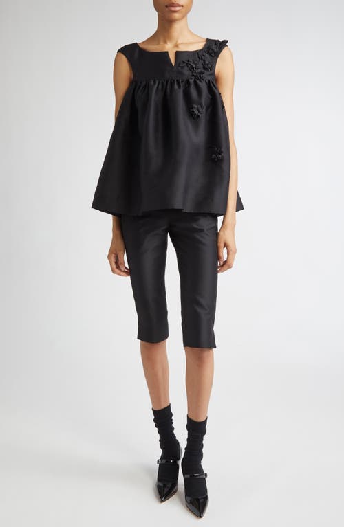 Shushu-tong Shushu/tong Fluffy Notched Floral Appliqué Satin Babydoll Top In Black