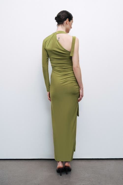 Nocturne One Sleeve Maxi Dress In Olive Green