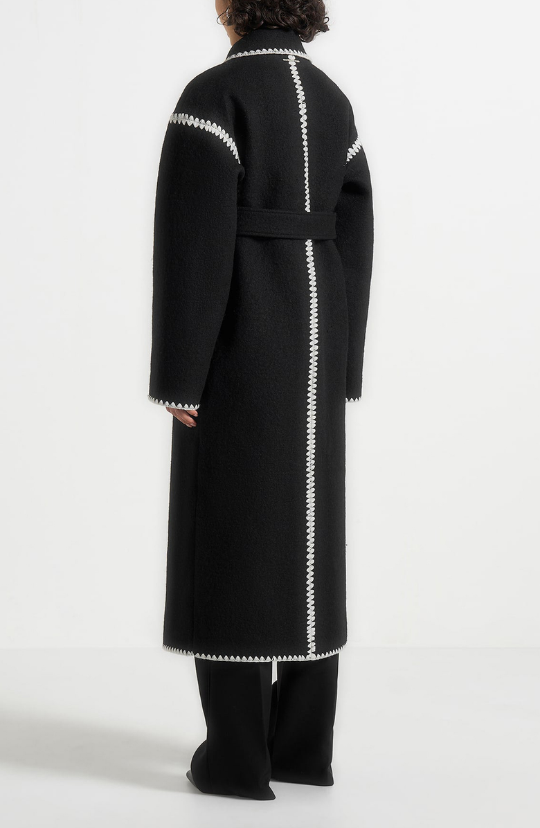Manière De Voir Elora Wool Blanket Stitch Belted Longline Coat, Alternate, color, Black