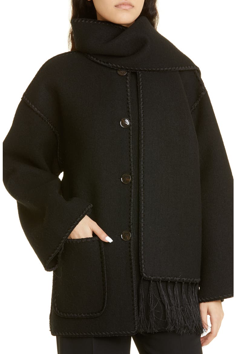 Totême Chain Stitch Wool Blend Scarf Jacket, Alternate, color, BLACK