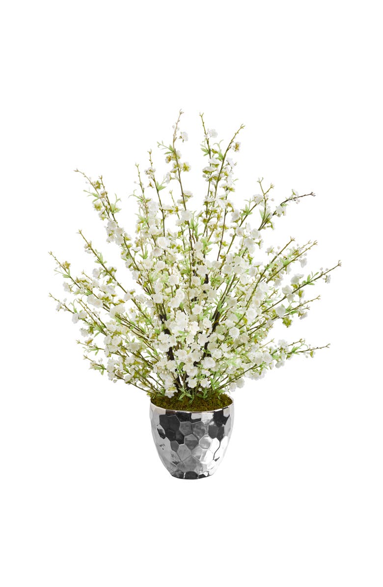 NEARLY NATURAL 29-in Cherry Blossom Artificial Arrangement in Silver Bowl, Main, color, White