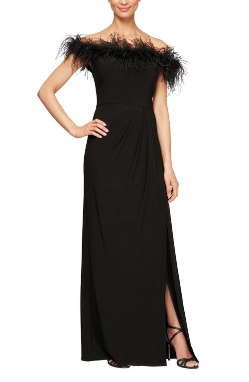 Alex Evenings Feather Trimmed Off The Shoulder Gown In Black