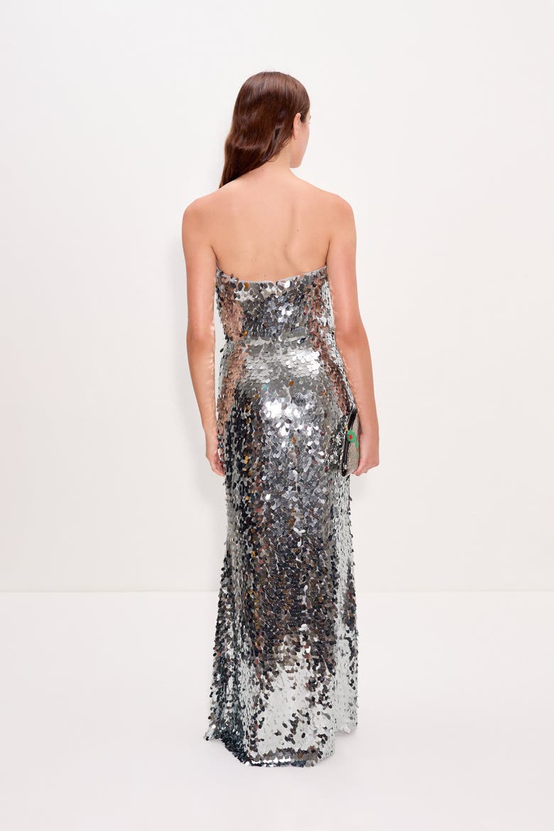 Sculpty Strapless Teardrop Sequin Dress, Alternate, color, Satellite Silver