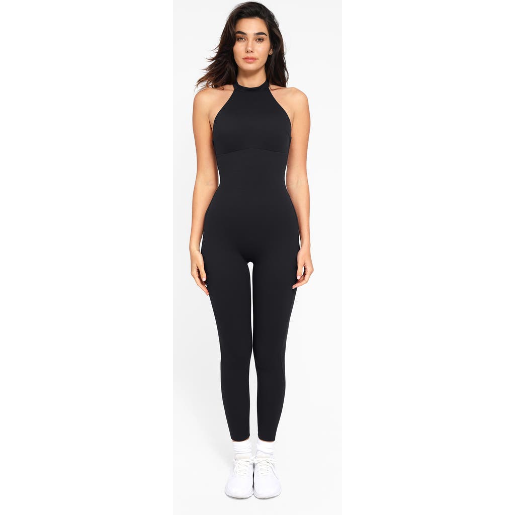 Popilush Shapewear Body-sculpting Halter Neck Jumpsuit In Midnight Black