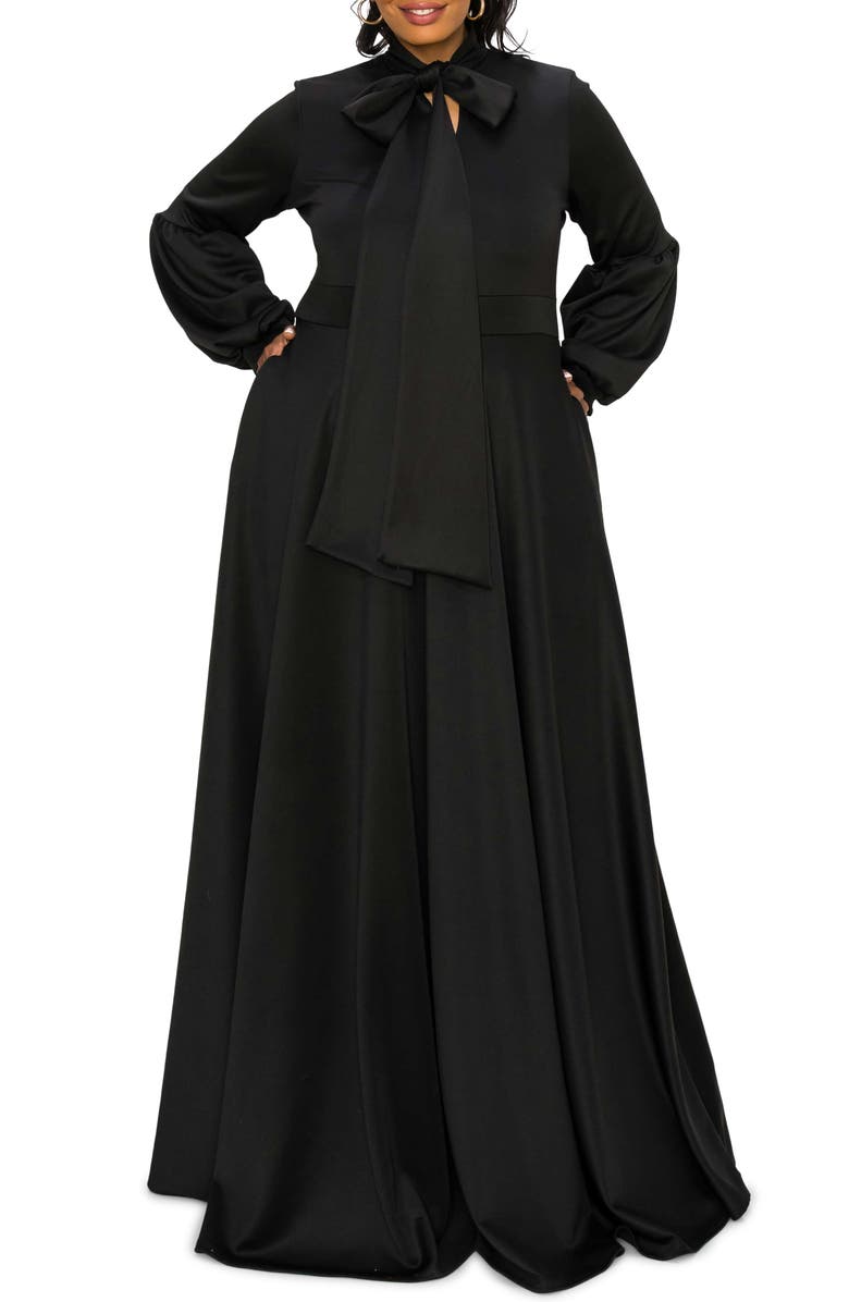 L I V D Bella Donna Long Sleeve Ribbon Tie Dress, Main, color, Black