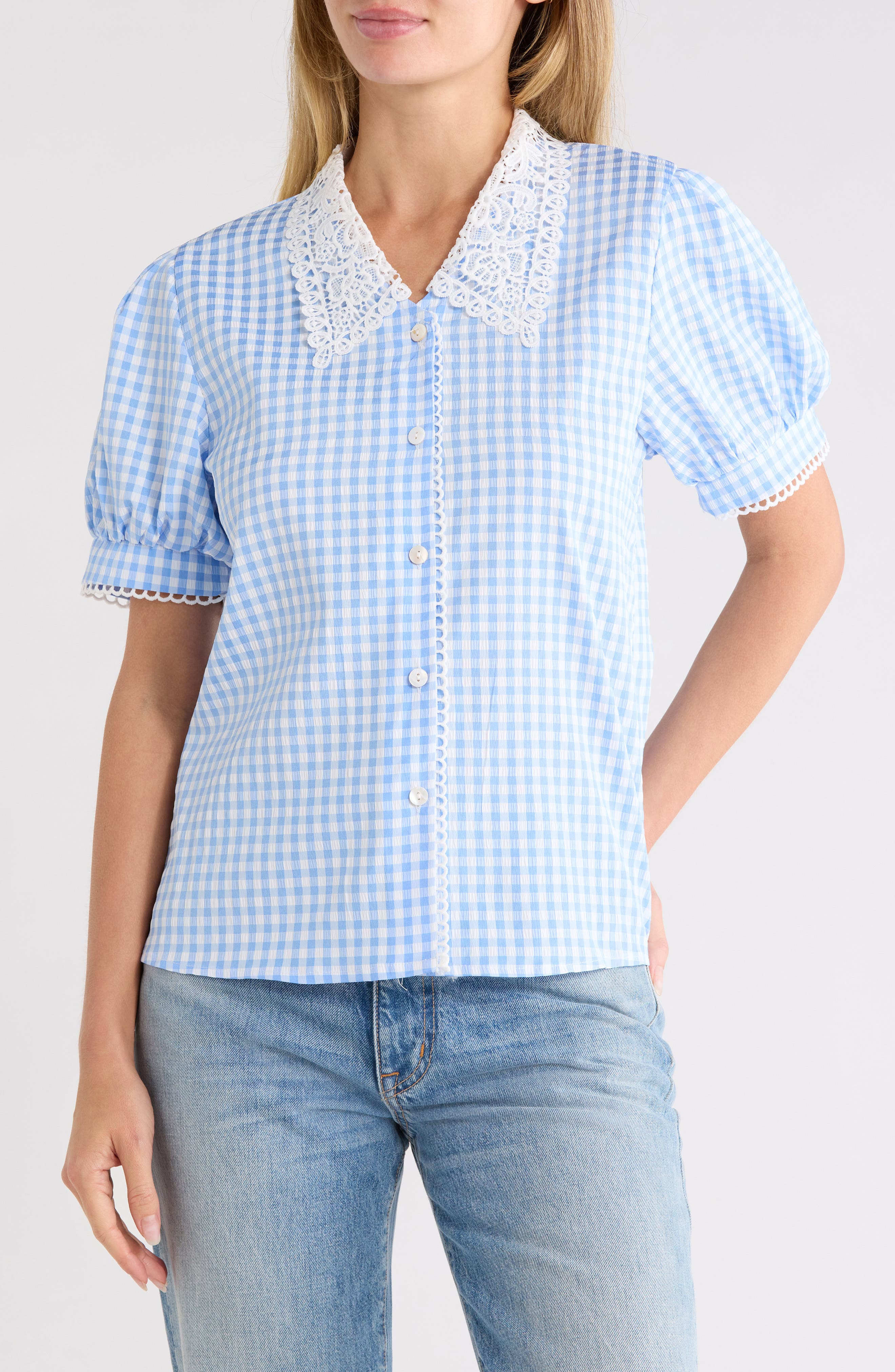 Gingham Lace Collar Cotton Shirt