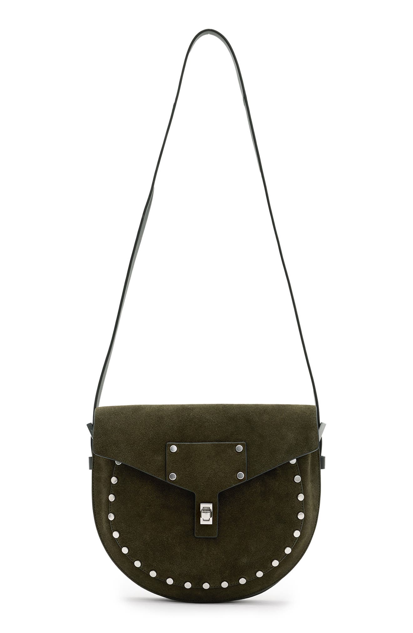 AllSaints Miro Suede Saddle Bag, Main, color, 