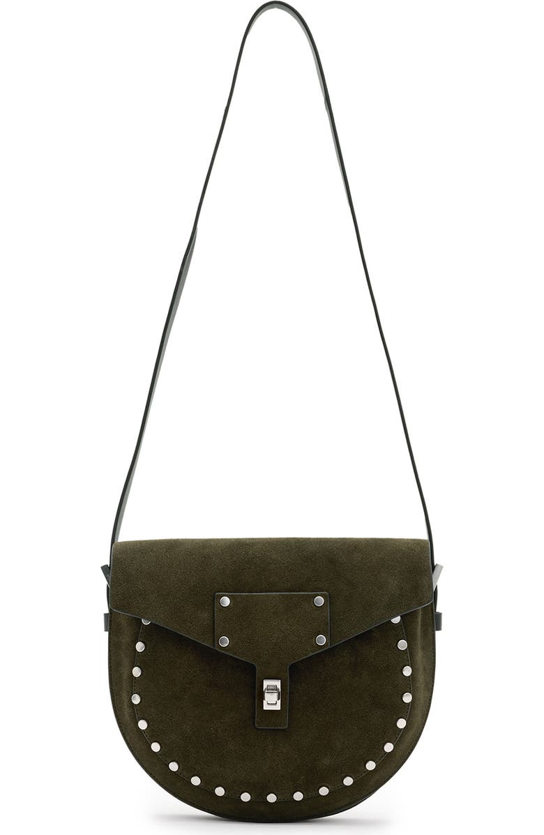 AllSaints Miro Suede Saddle Bag, Main, color,