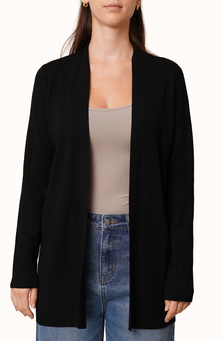 CYRUS Ribbed Open Front Long Cardigan, Main, color, Black