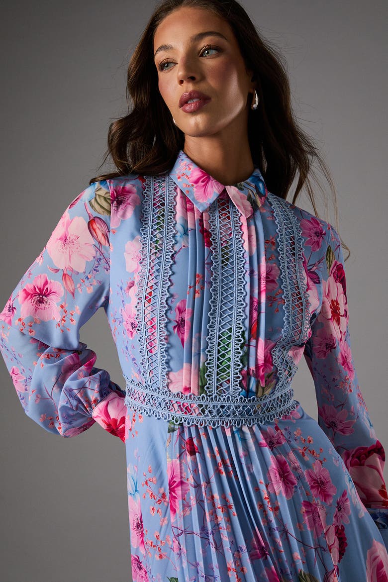 Pleated Lace Trim Long Sleeve Midi Dress, Alternate, color, Blue
