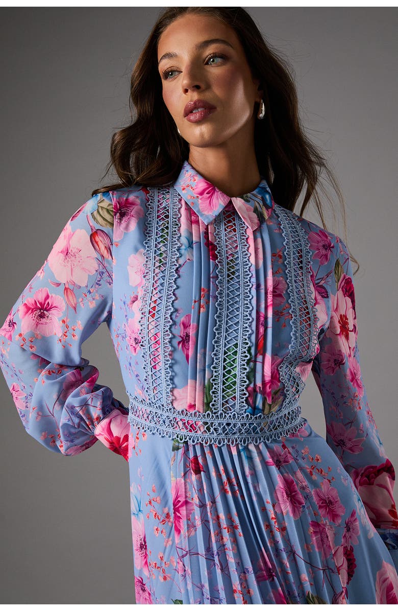 Coast Pleated Lace Trim Long Sleeve Midi Dress, Alternate, color, Blue