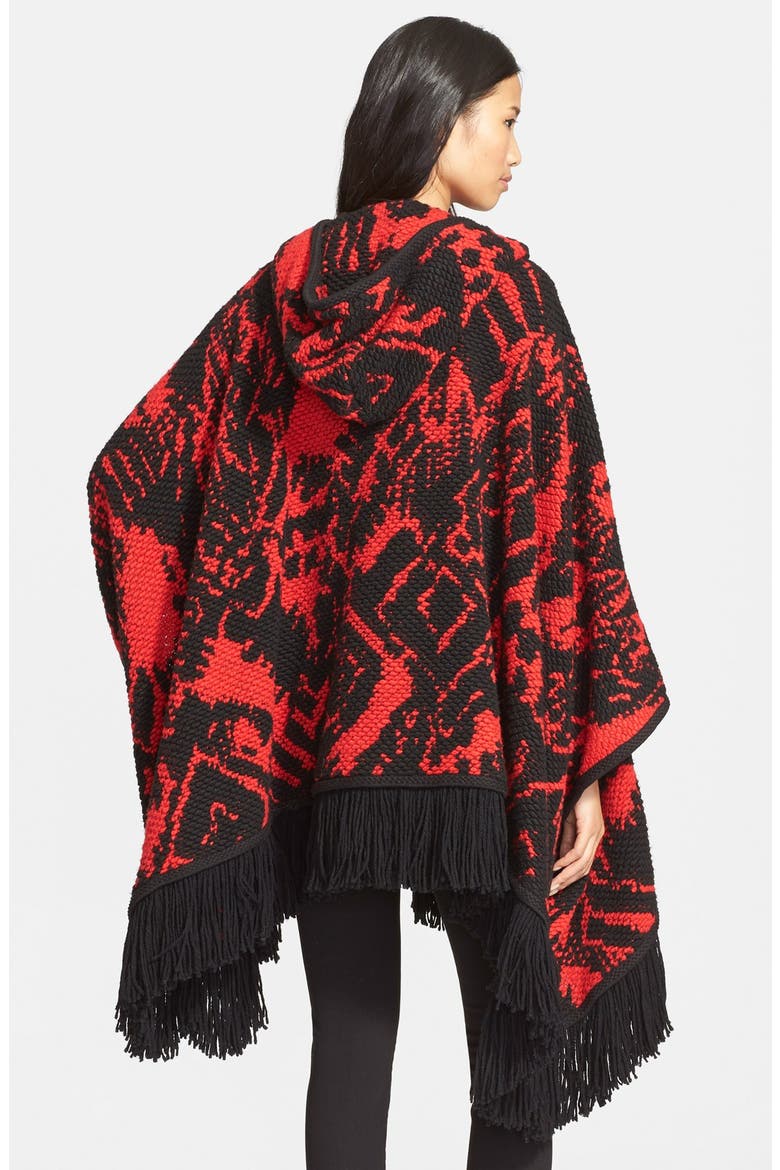 Fringe Trim Knit Hooded Poncho, Alternate, color, MAASIAI RED/ BLACK