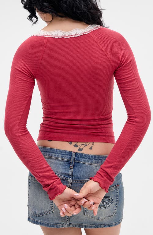 Bdg Urban Outfitters Diana Lace Trim Crop Rib Knit Henley In Red