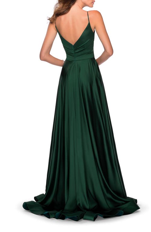 La Femme Long Satin Dress With Side Slit And V Shaped Back In Emerald