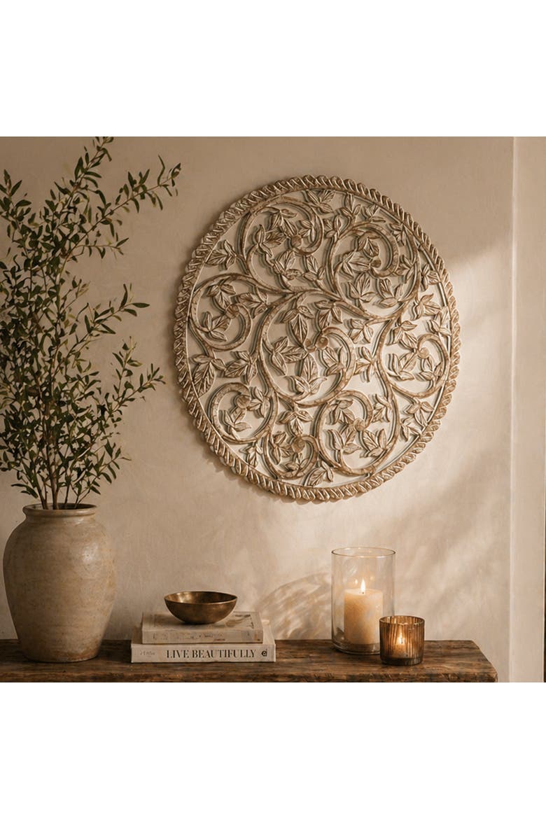 Round Wood Handcarved Wall Panel with Mirror, Alternate, color, White