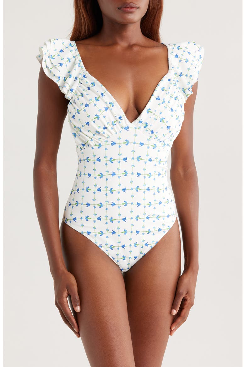 Cala Flutter Sleeve One-Piece Swimsuit, Main, color, WHITE/ BLUE FLORAL
