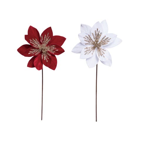 22in Velvety Poinsettia Pick Gold Glitz Set of 2