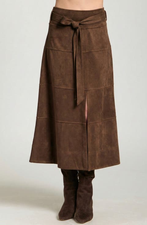 Faux Suede Paneled A-Lined Midi Skirt