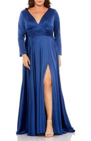 Mac Duggal Quarter Sleeve Satin V Neck A Line Gown