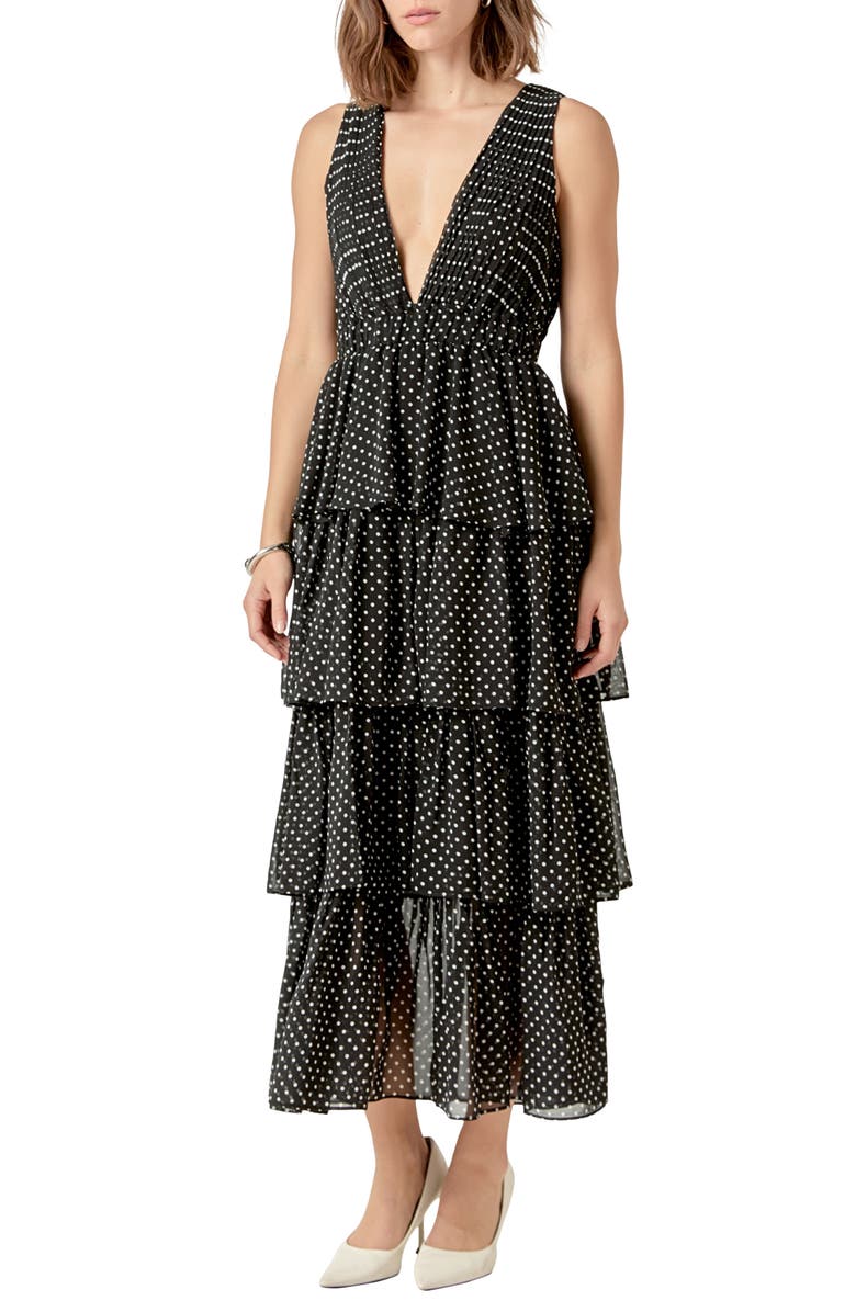 Endless Rose Dot Sleeveless Tiered Maxi Dress, Alternate, color, Black/ White