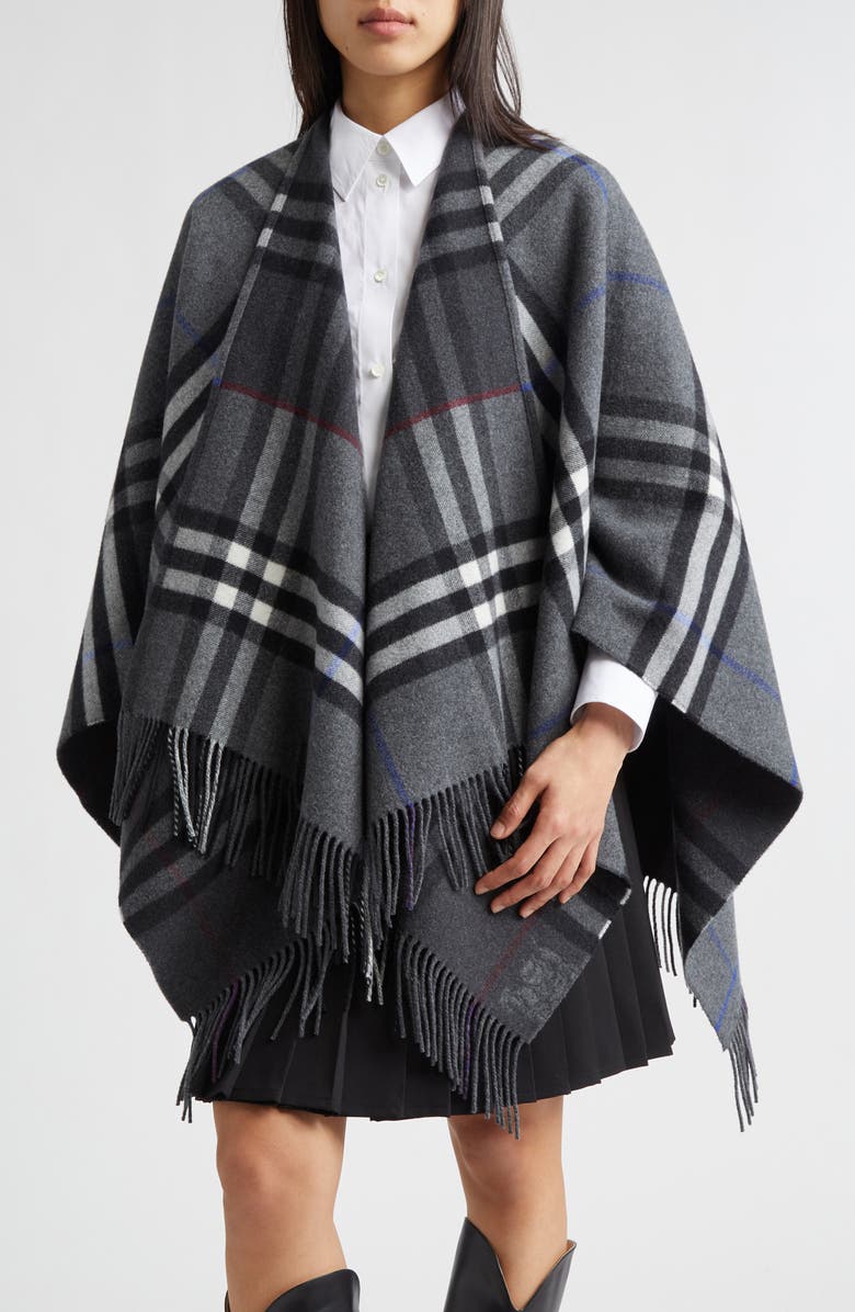 Burberry Check Double Face Cashmere & Wool Cape, Main, color, Marlborough Grey/ Cha