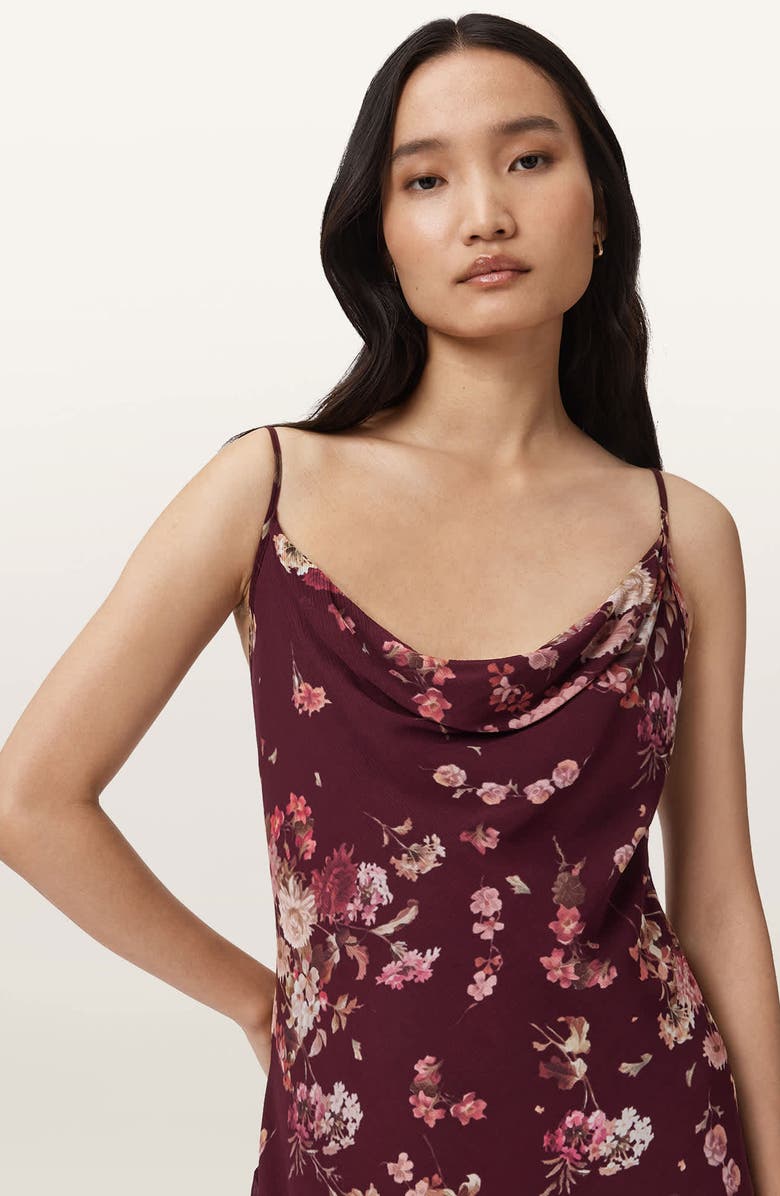 AllSaints Charlotte Floral Handkerchief Hem Midi Dress, Alternate, color, Armada Wine Red