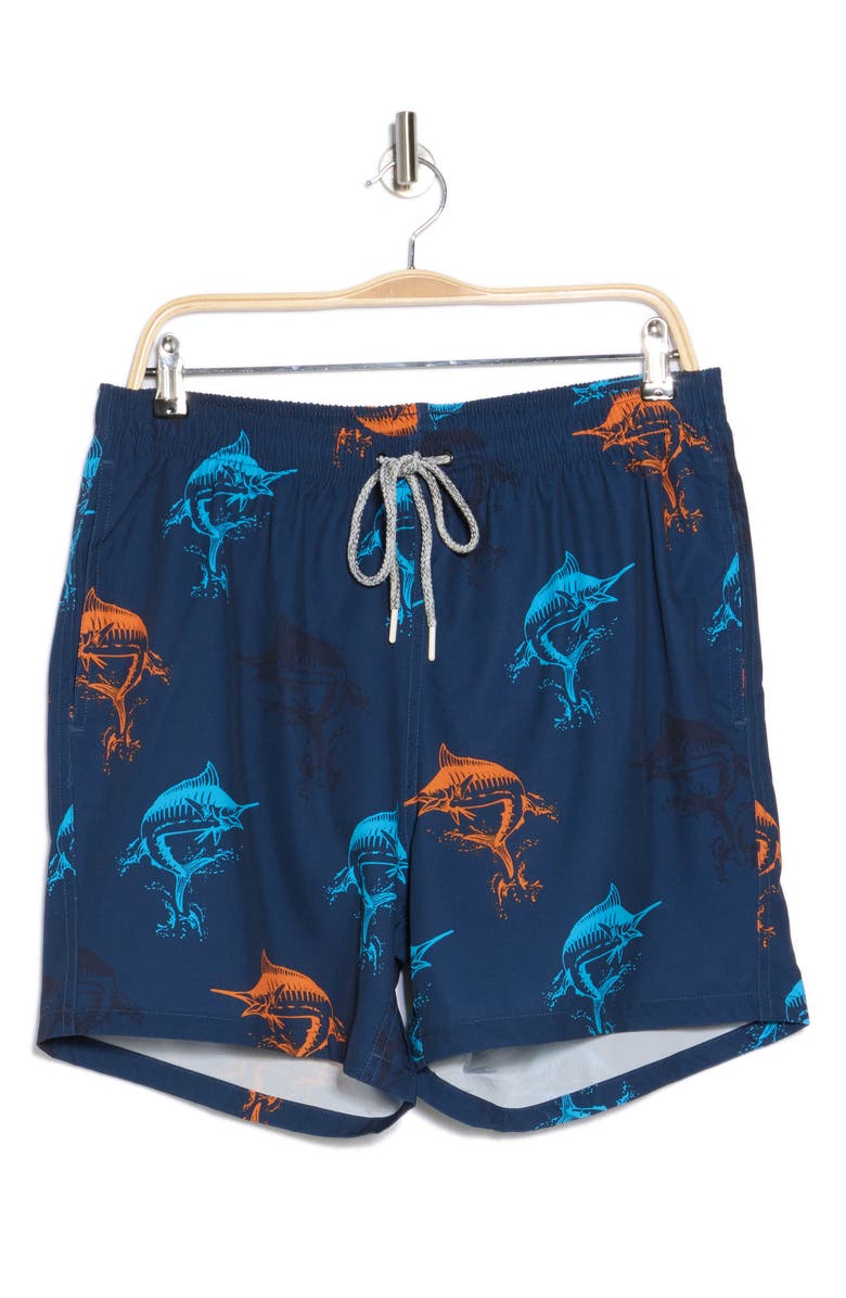 Rainforest Catch Swordfish Print Stretch Swim Trunks, Alternate, color,