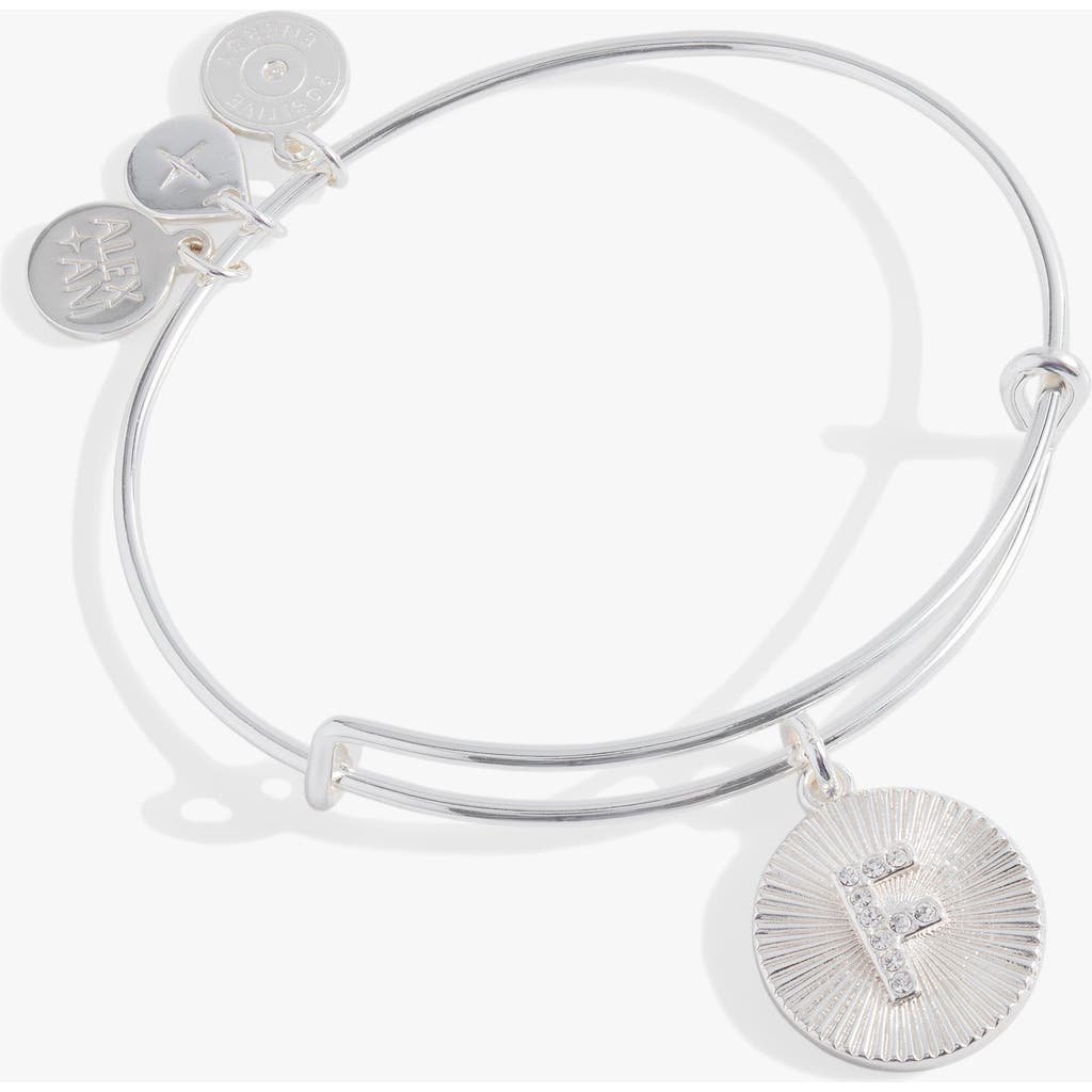 Alex And Ani Pave Starburst Texture Initial Bangle Bracelet In Silver - F