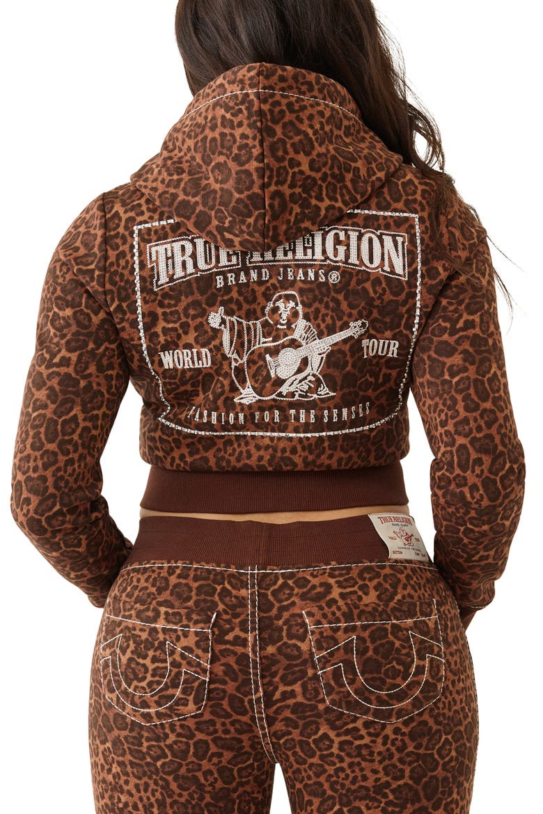 True Religion Leopard Print Embellished Shrunken Zip Hoodie (Women