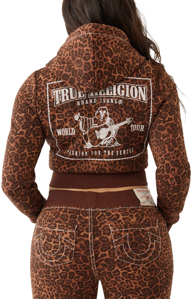 True Religion Leopard Print Embellished Shrunken Zip Hoodie, Alternate, color, Leopard